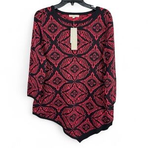 Joan Vass New York Sweater Tunic Size L Black Red Jacquard Asymmetrical Hem